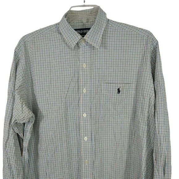 Polo Golf Ralph Lauren Lofting Cotton Button Up Shirt Size L Blue Plaid FLAWS - Picture 1 of 10